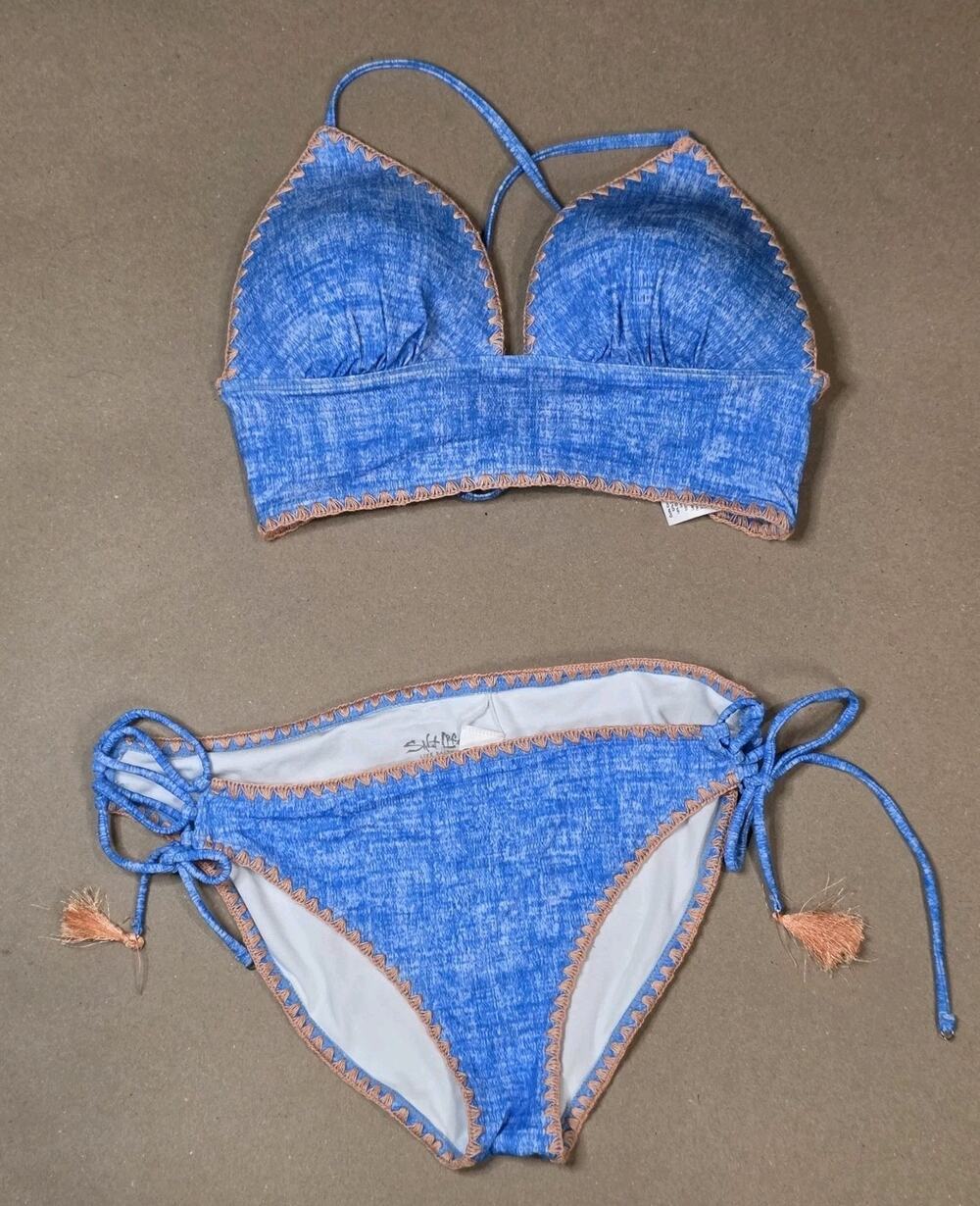 Salt Life Embroidered Bathing Suit Bikini Set Surfer Blue Tassels XL Pushup Pad